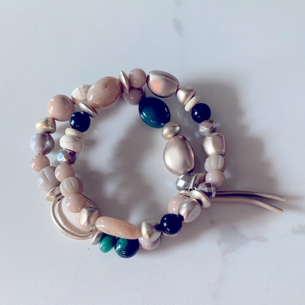 Chicos Dark Green Neutral Gold Stretch Bracelets SET